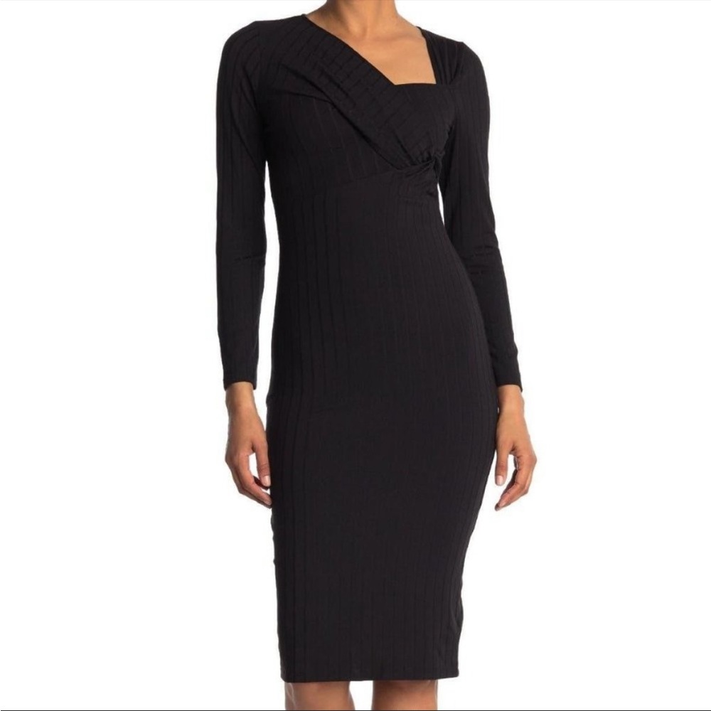 ASTR Dress Black Twist Front Midi Knee Length Long Sleeve Rib Stretch Jersey